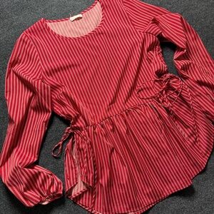 Red Striped Women's Blouse Drawstring Sides